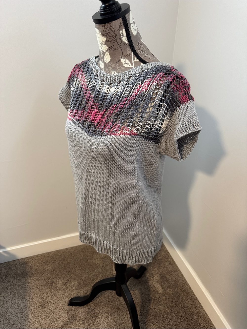 Light Gray Crewneck Sweater with Pink & Charcoal Yoke